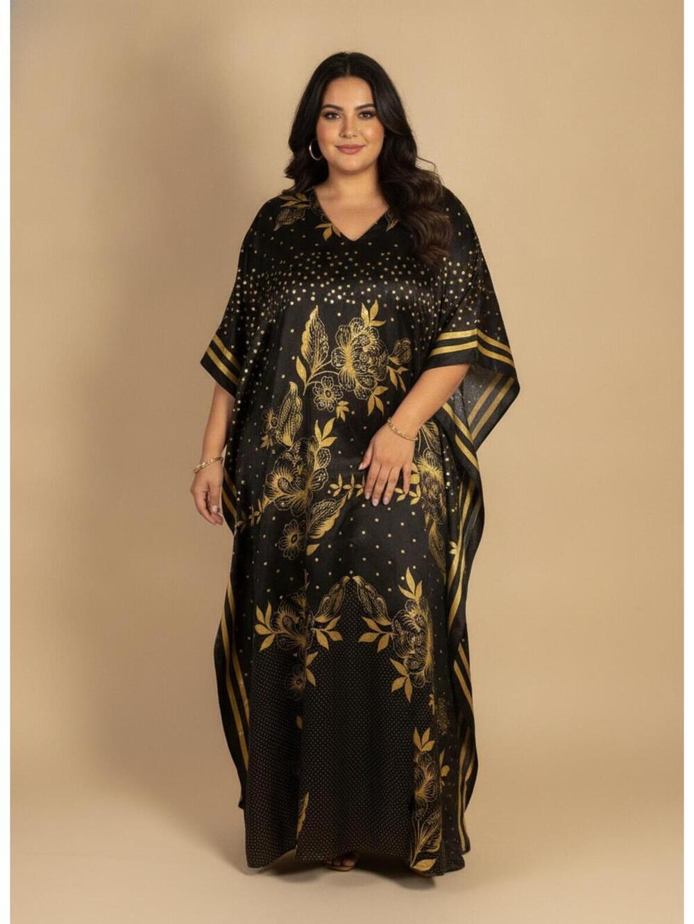 Ashro Black and Gold Floral  Women's Maxi Kaftan with beading and sequins